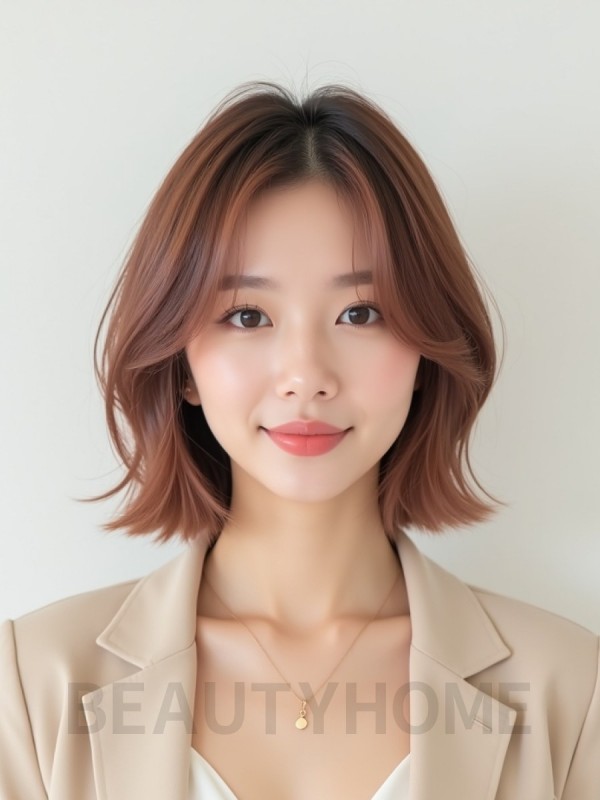 로즈 브라운 쇄골 그라데이션 단발+사이드뱅