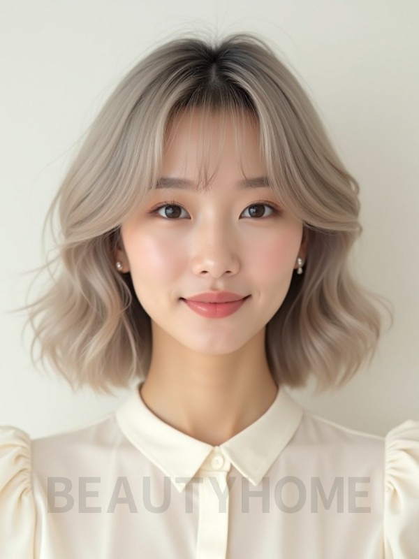 애쉬 블론드 어깨 컬 단발+커튼뱅
