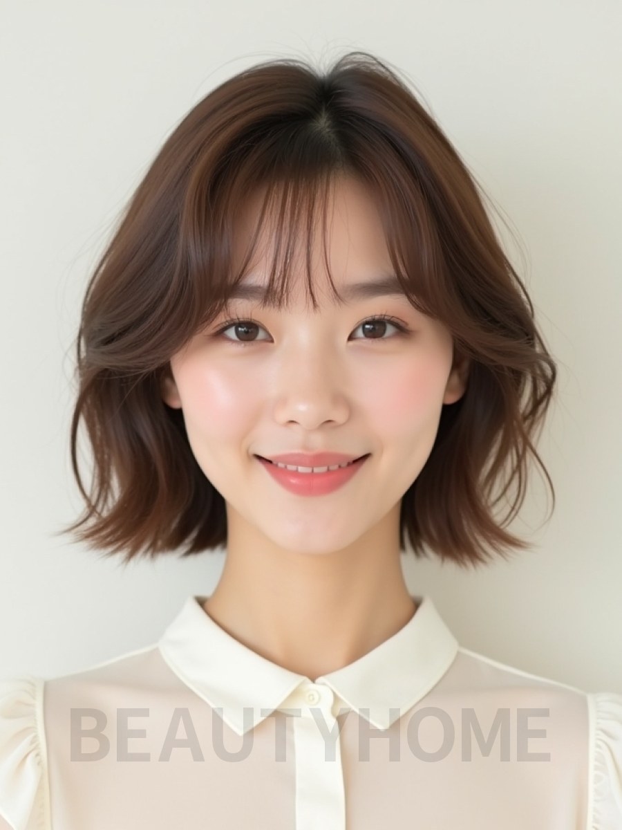 밀크티 브라운 귀밑 비대칭 단발+시스루뱅