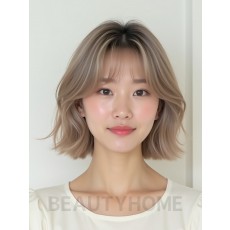 애쉬 베이지 쇄골 웨이브 단발+커튼뱅