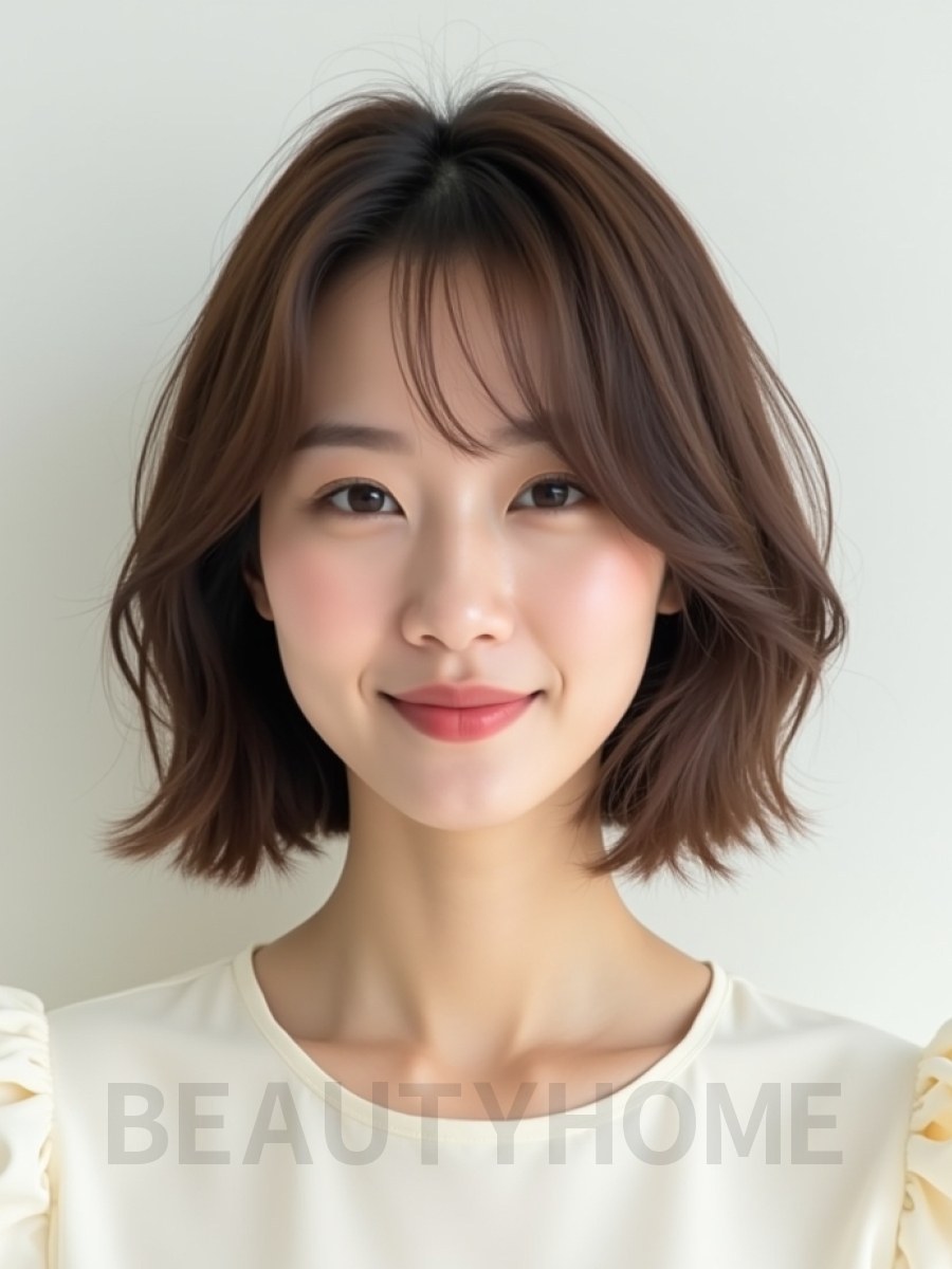 애쉬 브라운 어깨 텍스처 단발+뱅