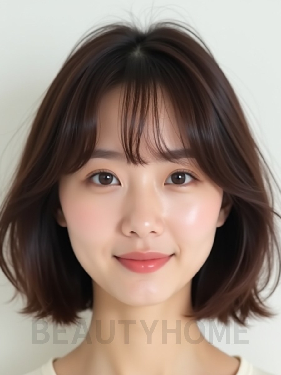 초콜릿 브라운 쇄골 텍스처 단발+시스루뱅