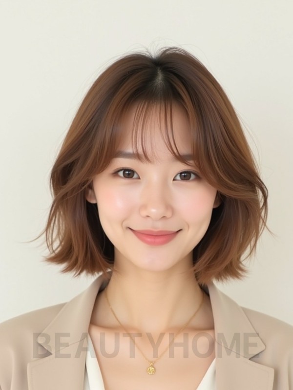 베이지 브라운 턱선 스택 단발+풀뱅