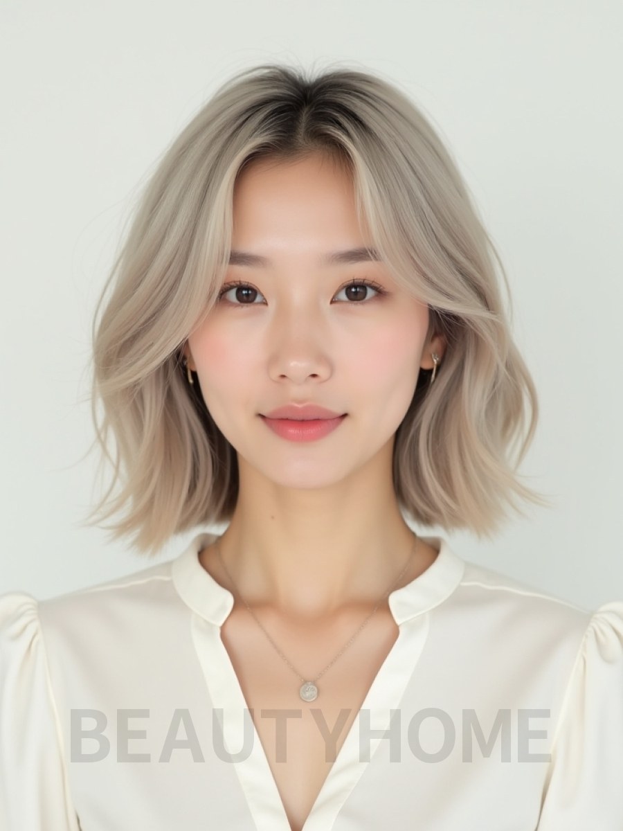 애쉬 블론드 어깨 웨이브 단발