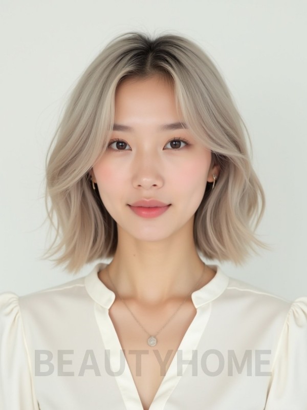 애쉬 블론드 어깨 웨이브 단발