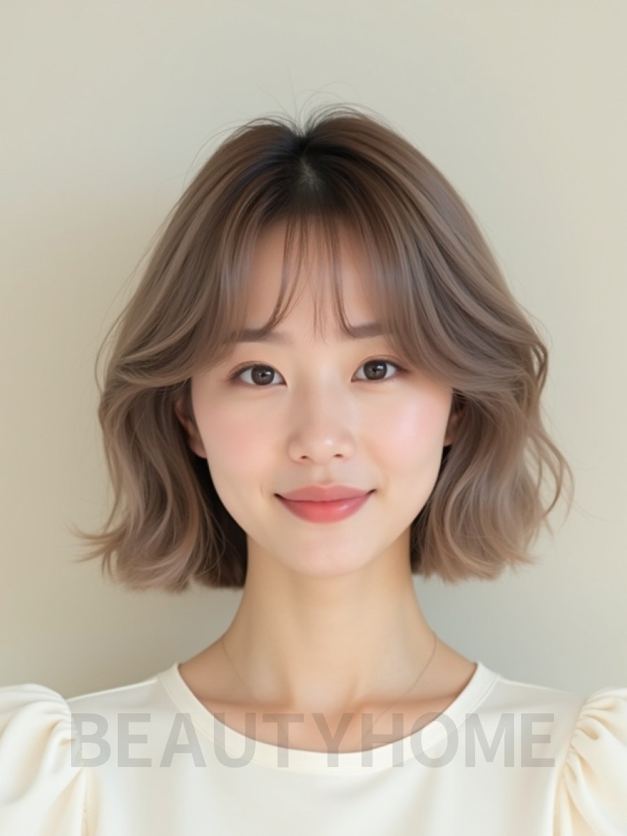 토프 브라운 귀밑 웨이브 단발+커튼뱅