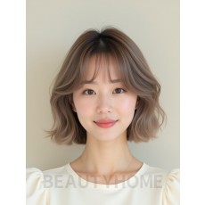 토프 브라운 귀밑 웨이브 단발+커튼뱅