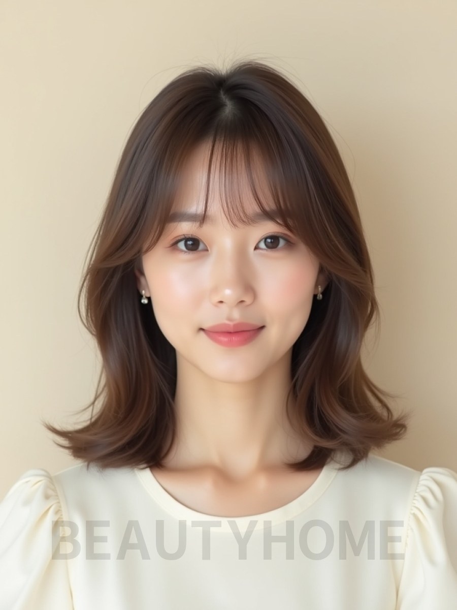 그레ige 브라운 어깨 생머리+시스루뱅