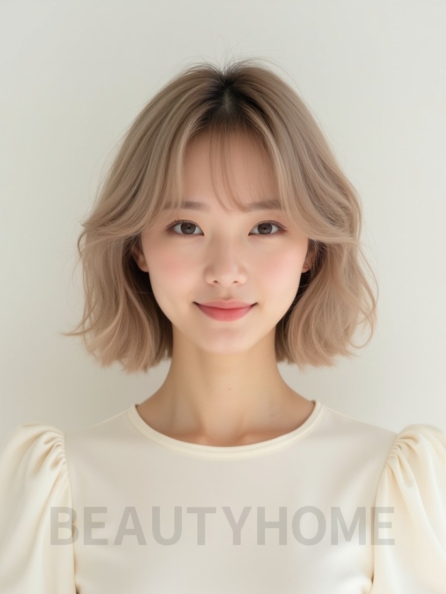 샌드 블론드 어깨 비대칭 단발+풀뱅