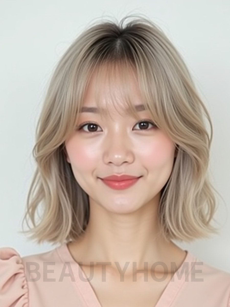 애쉬 베이지 어깨 스트레이트 단발+커튼뱅