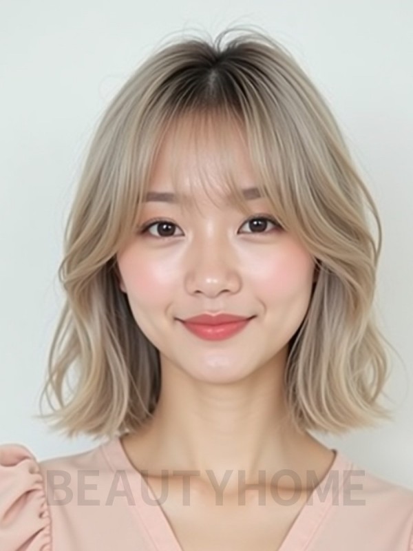 애쉬 베이지 어깨 스트레이트 단발+커튼뱅