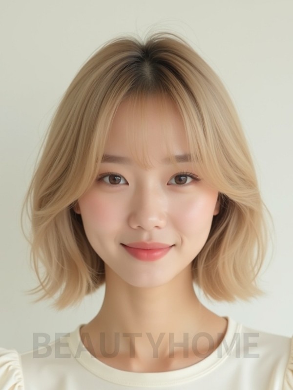 샌드 블론드 턱밑 비대칭 단발+풀뱅