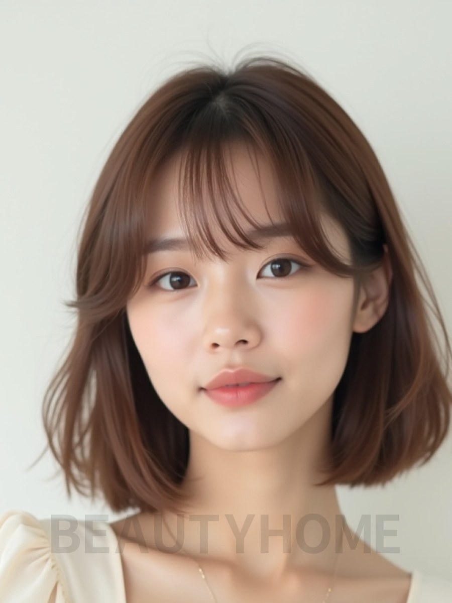 밀크티 브라운 쇄골 스트레이트 단발+커튼뱅