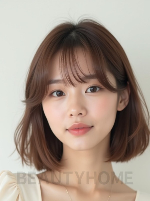 밀크티 브라운 쇄골 스트레이트 단발+커튼뱅