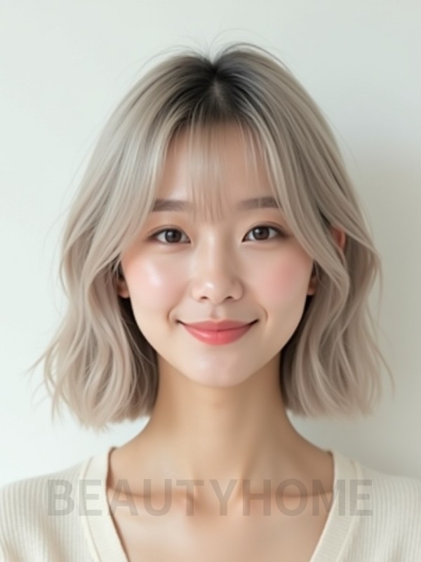 애쉬 블론드 쇄골 인버티드 단발+뱅