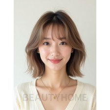 베이지 브라운 어깨 레이어드 단발+사이드뱅
