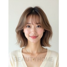 베이지 브라운 어깨 레이어드 단발+사이드뱅