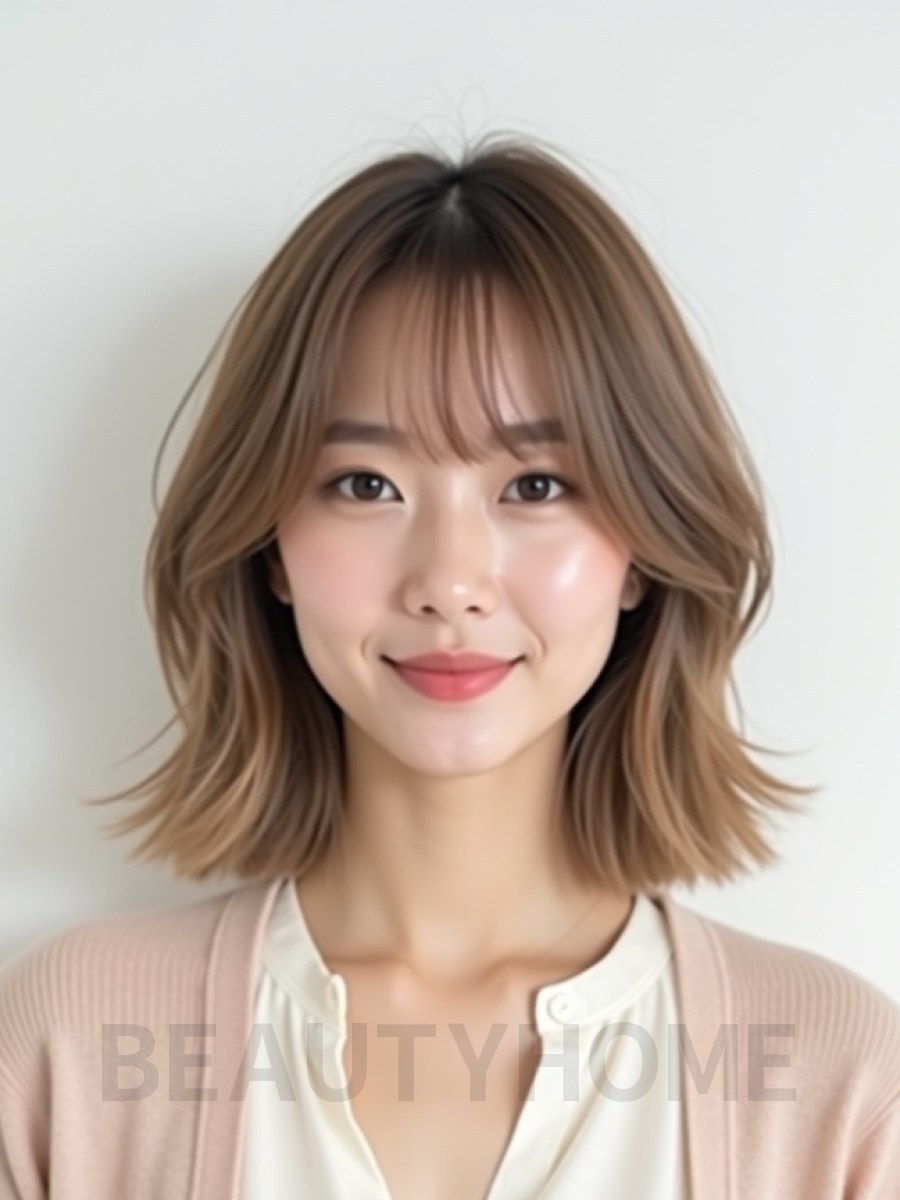 밀크티 브라운 턱선 비대칭 단발+뱅