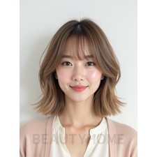 밀크티 브라운 턱선 비대칭 단발+뱅