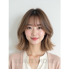 밀크티 브라운 턱선 비대칭 단발+뱅