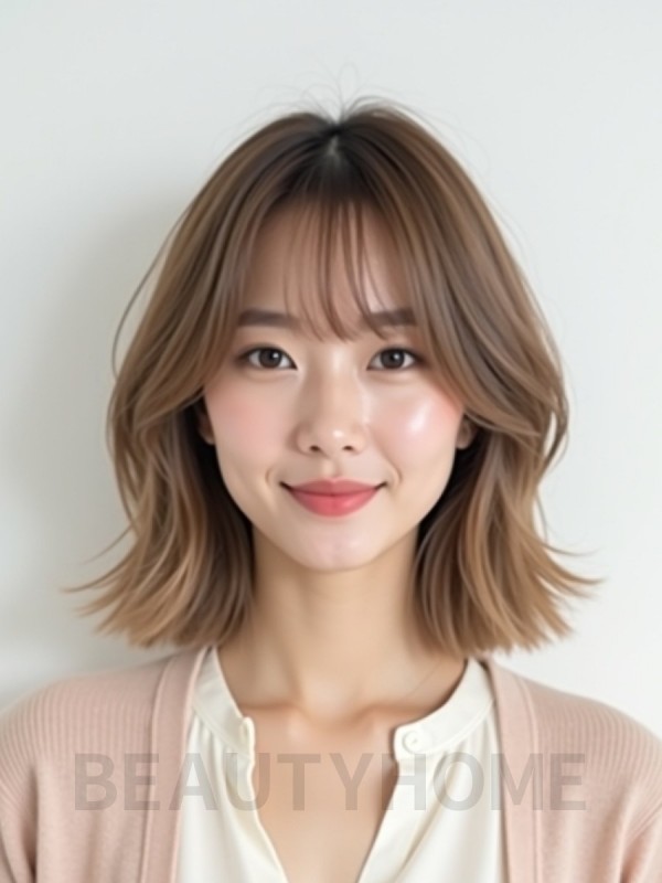 밀크티 브라운 턱선 비대칭 단발+뱅