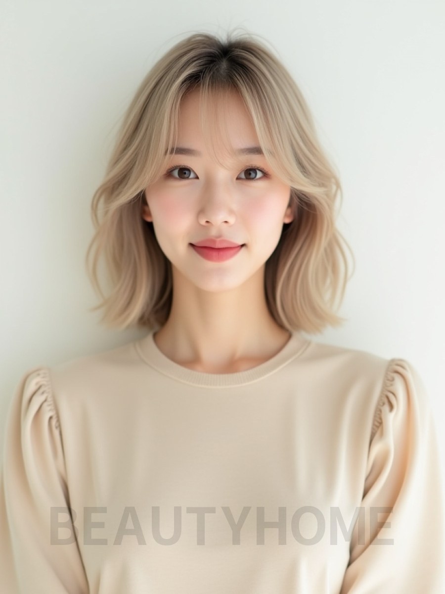 머쉬룸 블론드 어깨 블런트 단발+뱅