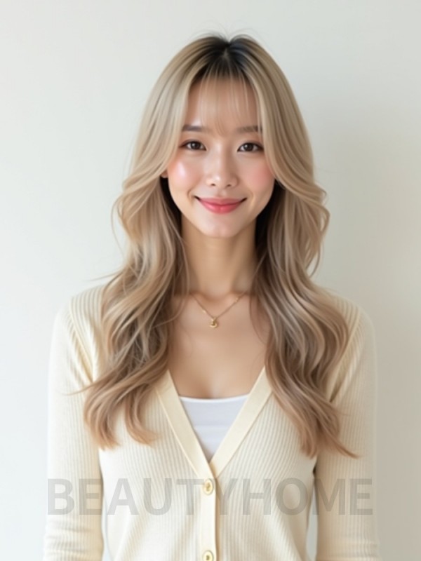 머쉬룸 블론드 긴 레이어+커튼뱅