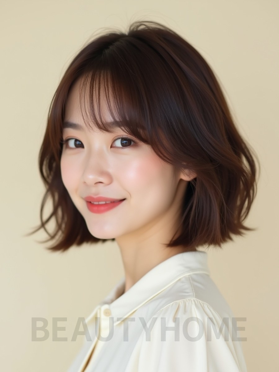 어깨 비대칭 단발+뱅