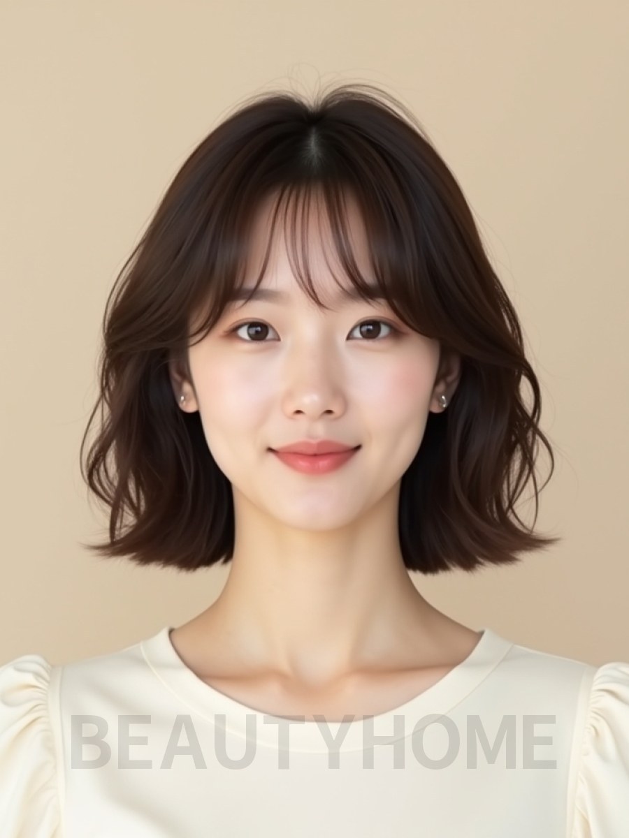 초콜릿 브라운 어깨 컬 단발+시스루뱅