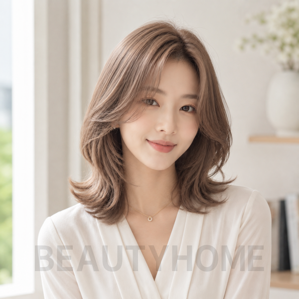 여자 중단발 레이어드 S컬펌 밀크티 베이지