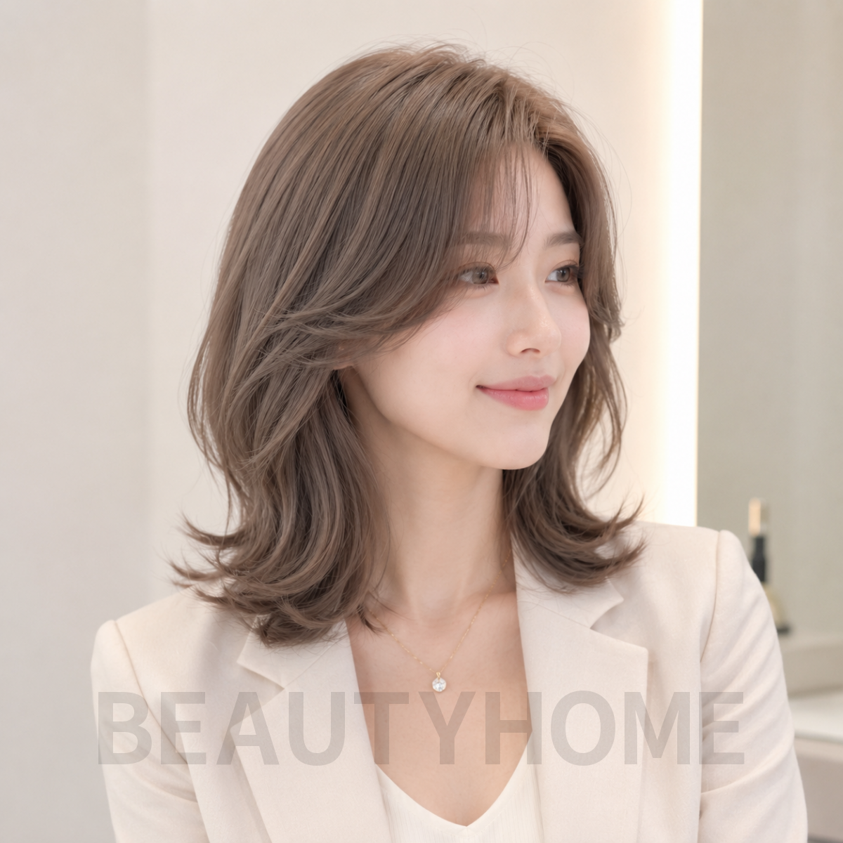 여자 중단발 레이어드 S컬펌 애쉬 베이지 염색