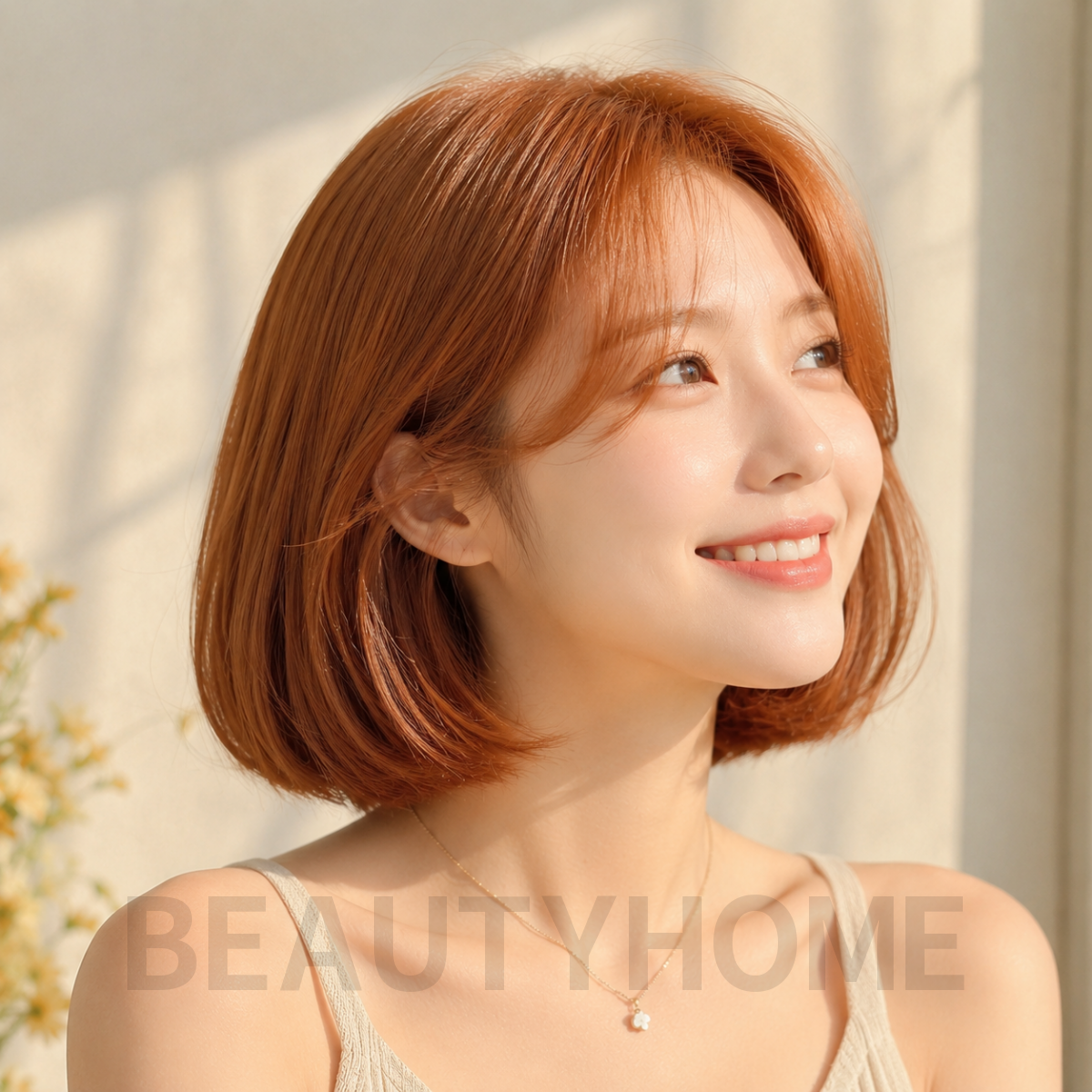 여자 단발 보브컷 오렌지 브라운 염색