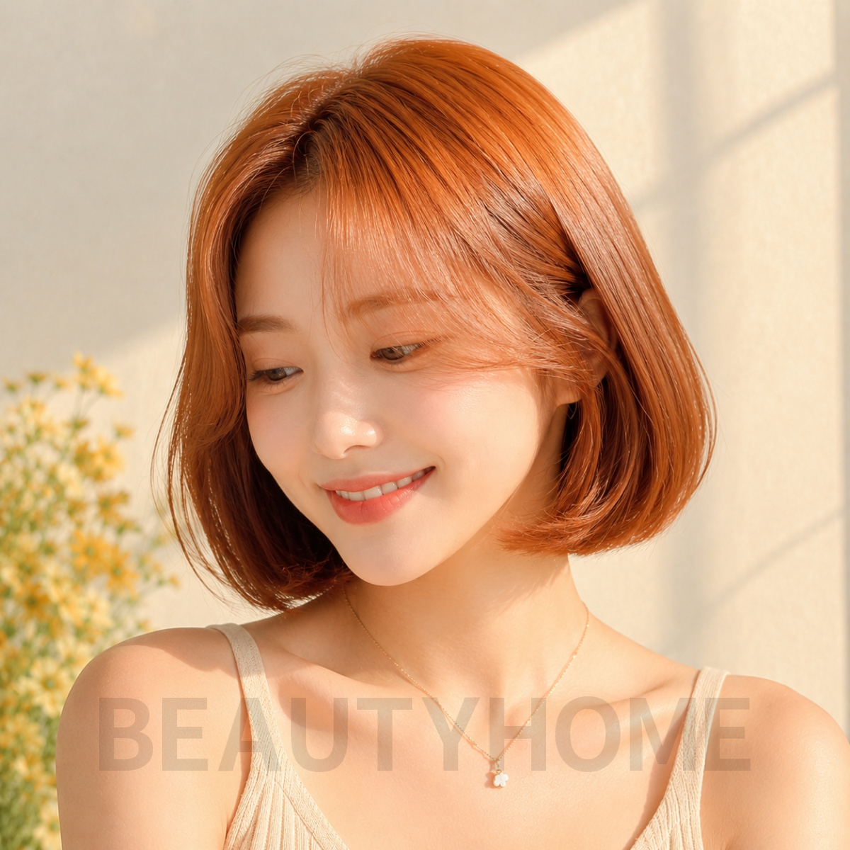 여자 단발 보브컷 오렌지 브라운 염색