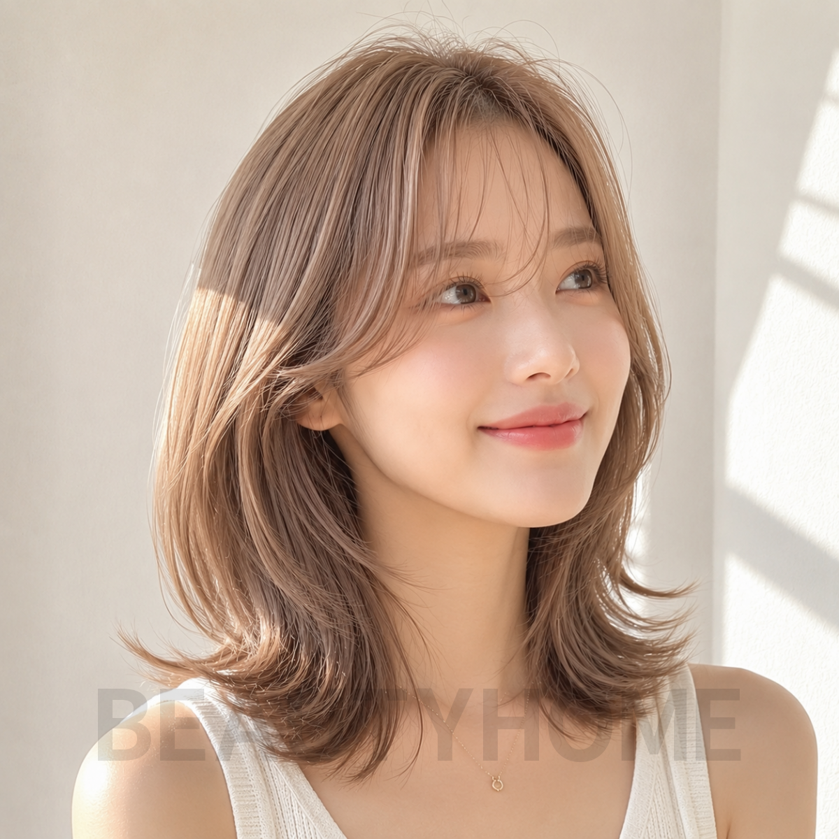 여자 중단발 레이어드컷 밀크티 베이지 염색