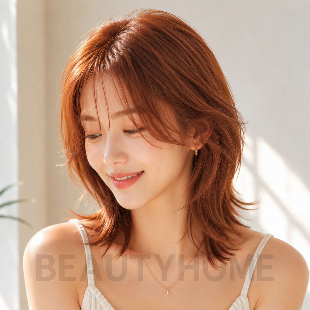 여자 중단발 허쉬컷 오렌지 브라운 염색