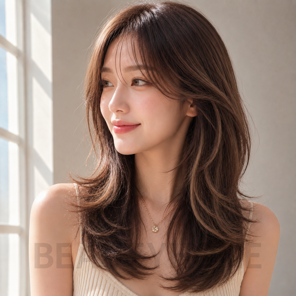 여자 롱 레이어드컷 발레아쥬 브라운 염색