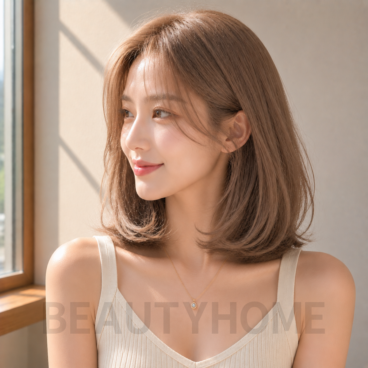 여자 중단발 C컬펌 밀크티 베이지 염색