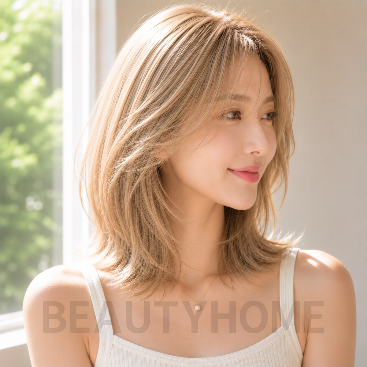 여자 중단발 레이어드컷과 골드 블론드