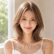 여자 중단발 레이어드컷과 밀크티 베이지 염색