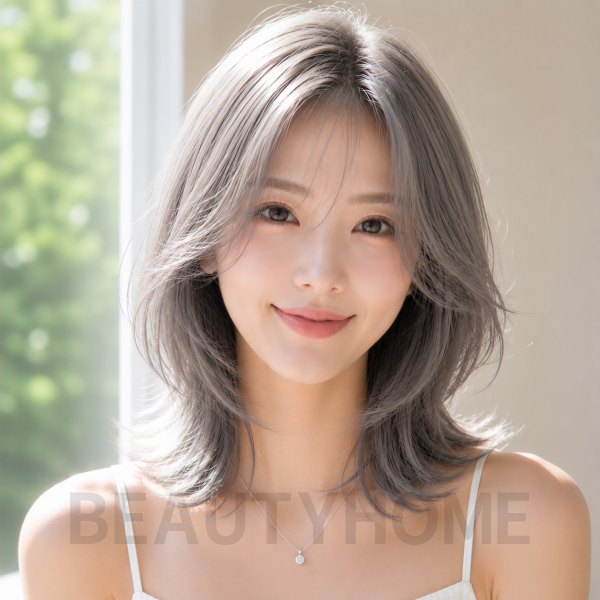 여자 중단발 레이어드컷과 실버 그레이 염색