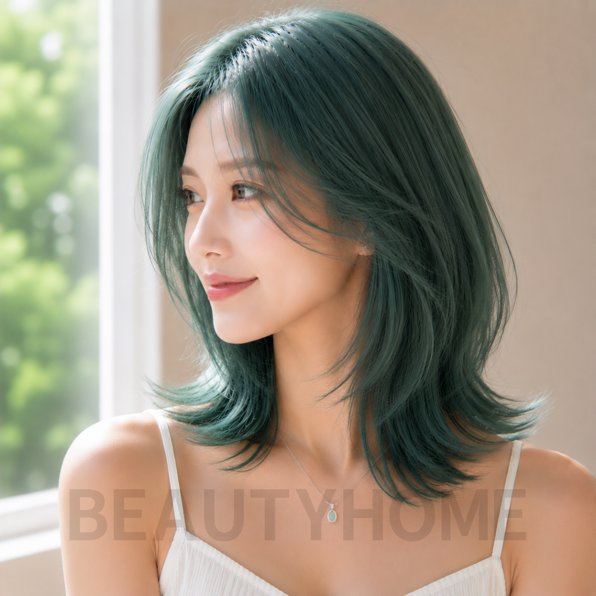 여자 중단발 레이어드컷과 에메랄드 그린 염색