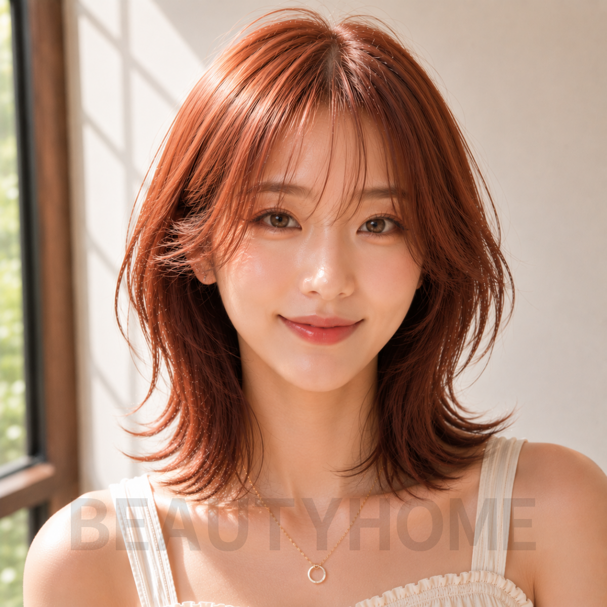 여자 중단발 허쉬컷과 오렌지 브라운 염색