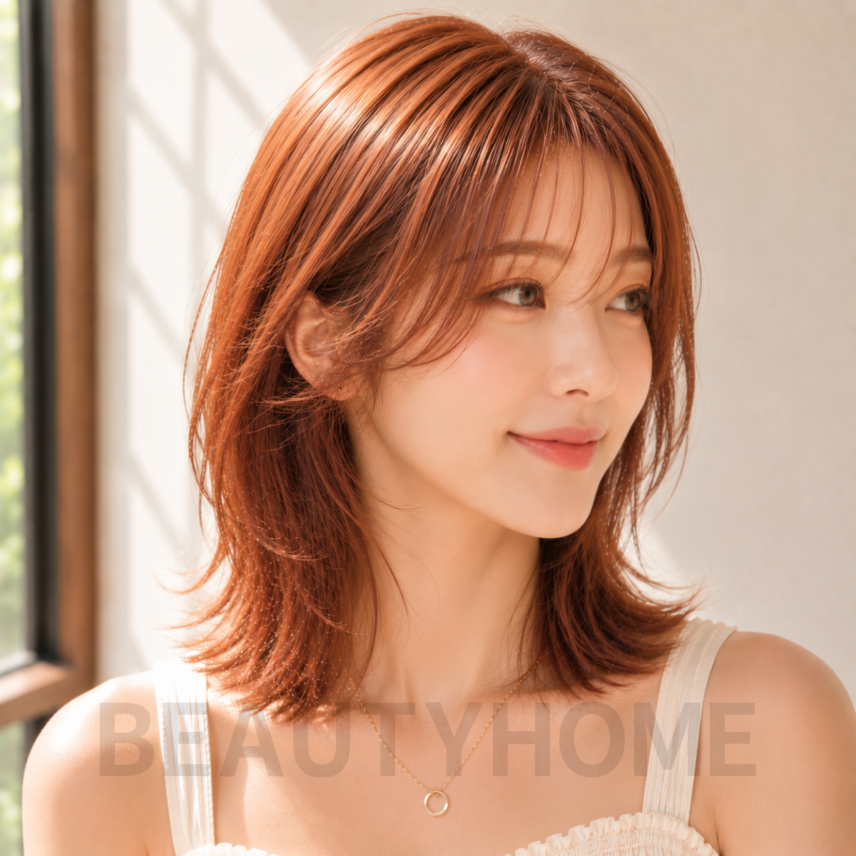 여자 중단발 허쉬컷과 오렌지 브라운 염색