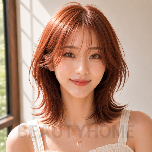 여자 중단발 허쉬컷과 오렌지 브라운 염색