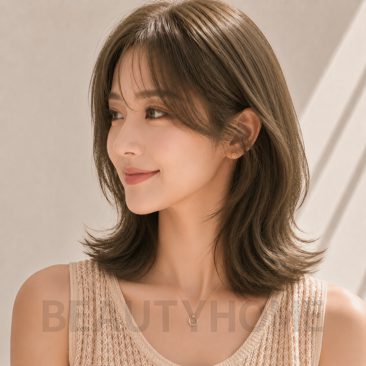 여자 중단발 허쉬컷과 카키 브라운 염색